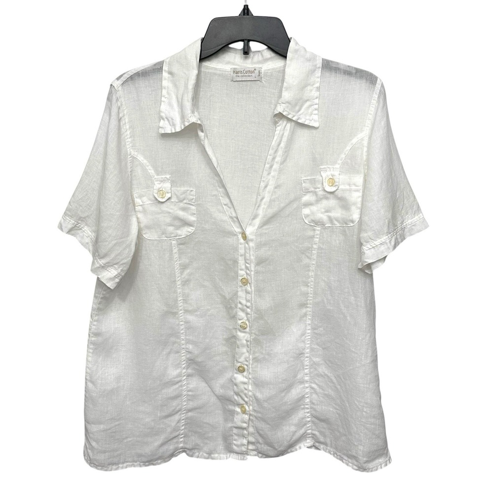 Haris Cotton White Linen Blouse Button Up Top Womens Size Large White Pockets